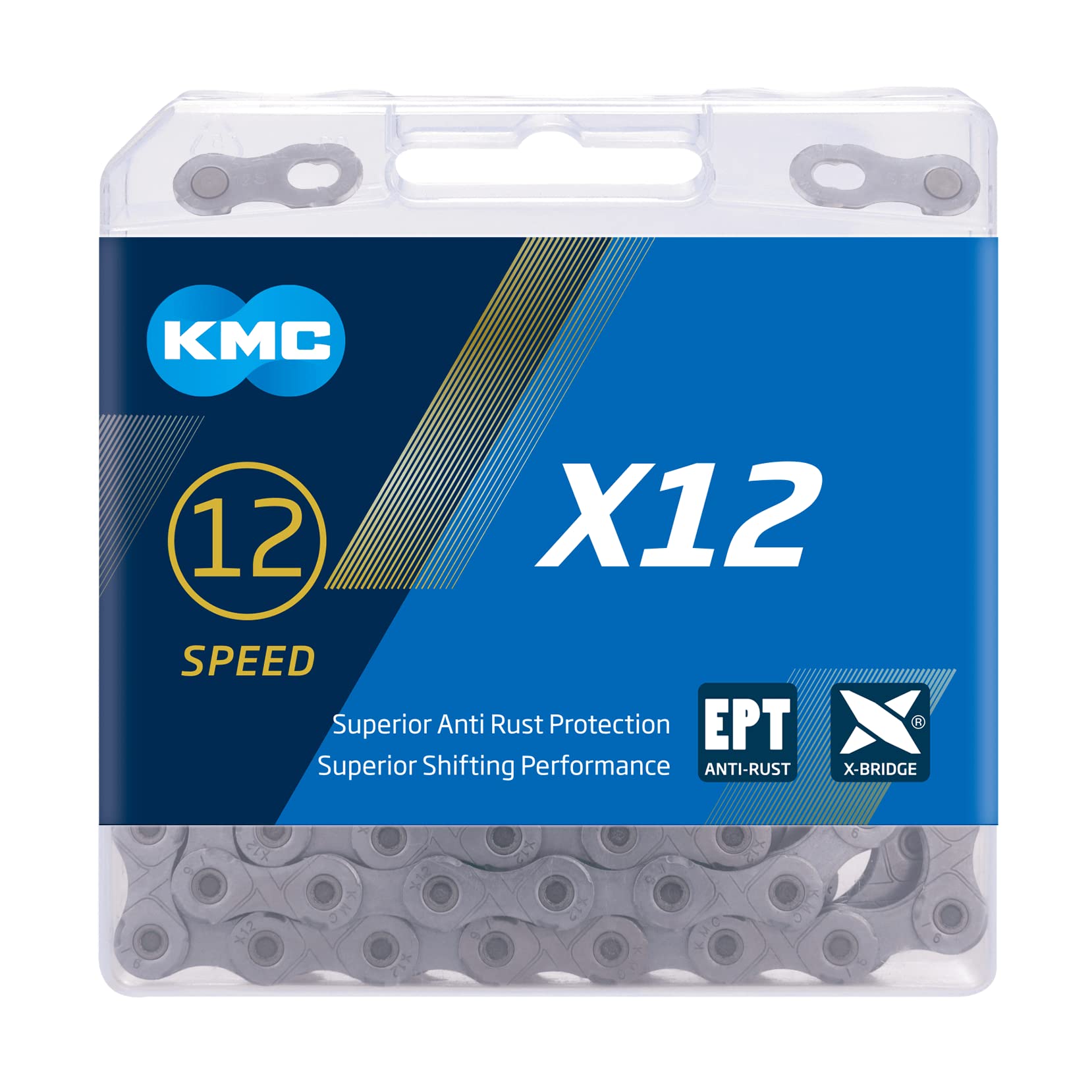 KMC X12 Chain 12-Speed | Mountain Bike/Road/Gravel | Shimano & Campagnolo Compatible | 126 Links, Missing Link Included | EcoPro