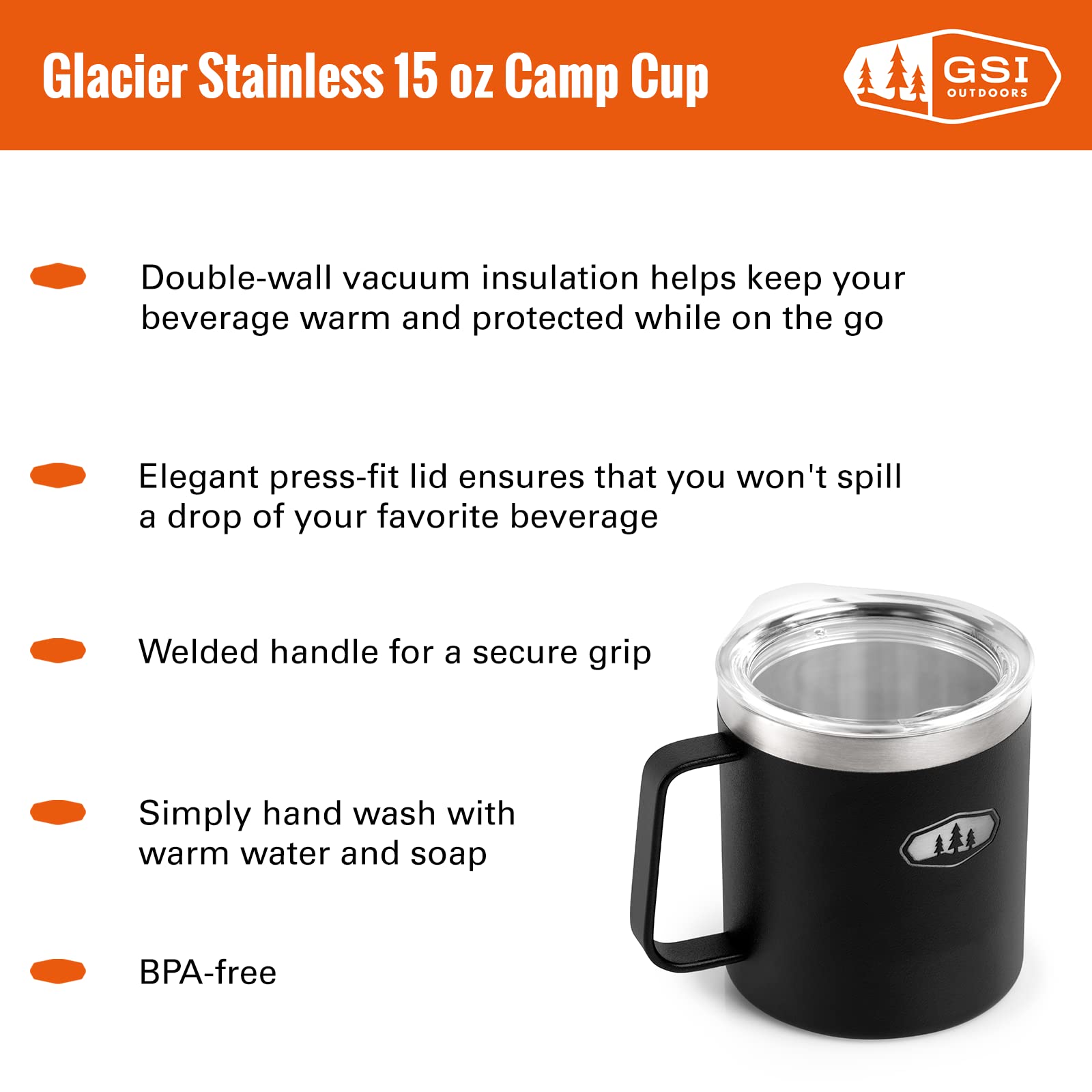 Gsi Outdoors 63255 Glacier Ss 15 Oz Camp Cup Black
