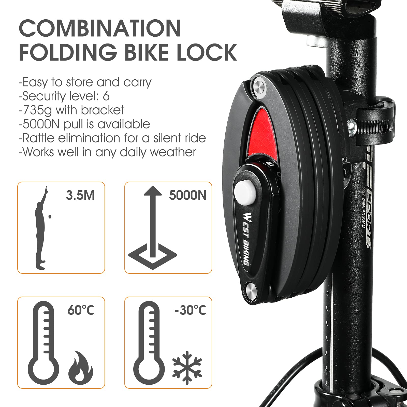 Chimona Bike Foldable Lock, 4-Digit Anti   Theft   Combination   Bicycle   Lock, Security Level 6 Heavy Duty Folding Bike Lock,