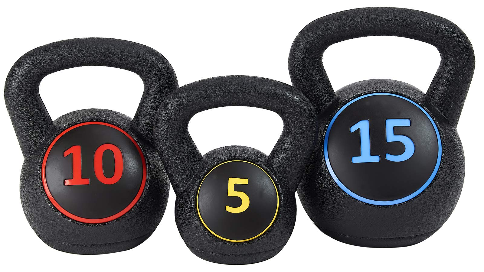 Sporzon! Wide Grip Kettlebell Exercise Fitness Weight, Set Of 3, Includes 5 Lbs, 10 Lbs, 15 Lbs, Multicolor