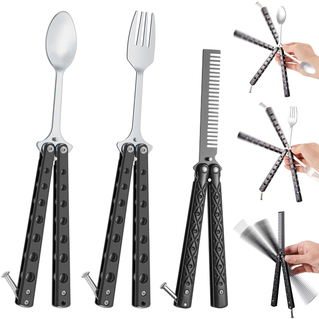 Eaasty 3 Pieces Butterfly Comb,Fork And Spoon Set,Tactical Stainless Steel Folding Butterfly Spoon For Camping Hunting Travel Ou