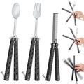Eaasty 3 Pieces Butterfly Comb,Fork And Spoon Set,Tactical Stainless Steel Folding Butterfly Spoon For Camping Hunting Travel Ou