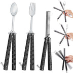 Eaasty 3 Pieces Butterfly Comb,Fork And Spoon Set,Tactical Stainless Steel Folding Butterfly Spoon For Camping Hunting Travel Ou