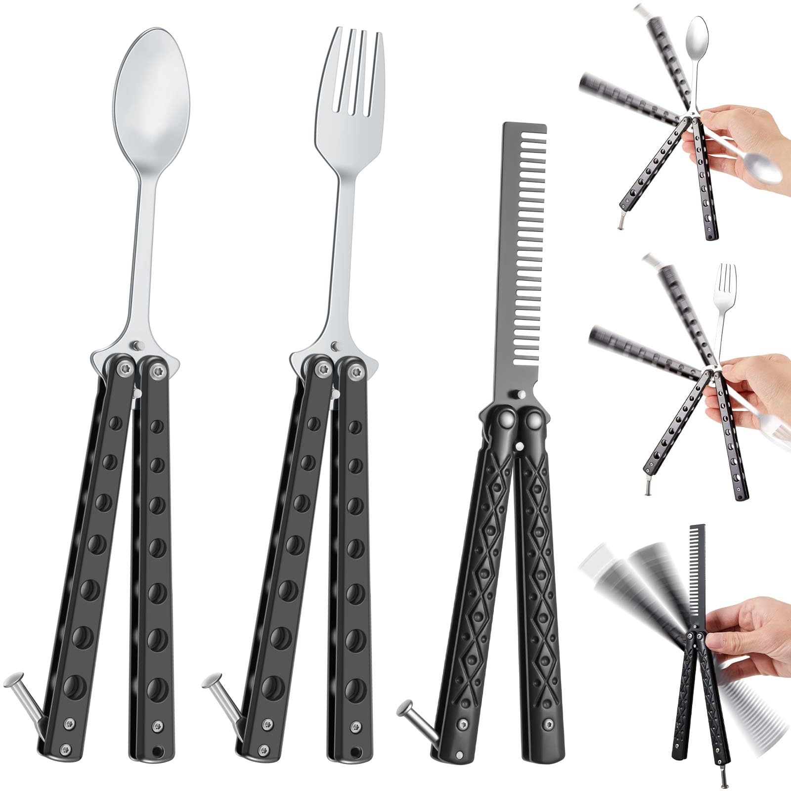 Eaasty 3 Pieces Butterfly Comb,Fork And Spoon Set,Tactical Stainless Steel Folding Butterfly Spoon For Camping Hunting Travel Ou