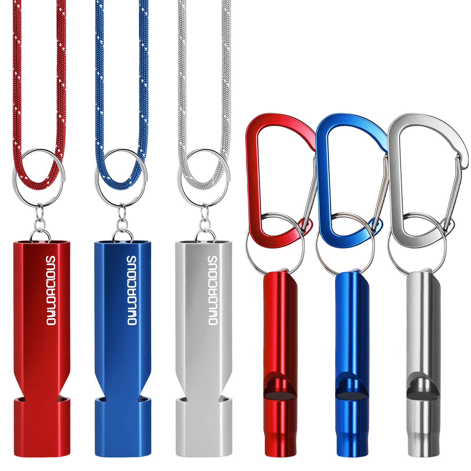 Owldacious Emergency Whistle Set - 6 Aluminum Whistles, 3 Paracord Lanyards, 3 Carabiners for Camping, Hiking, Fishing, Hunting 