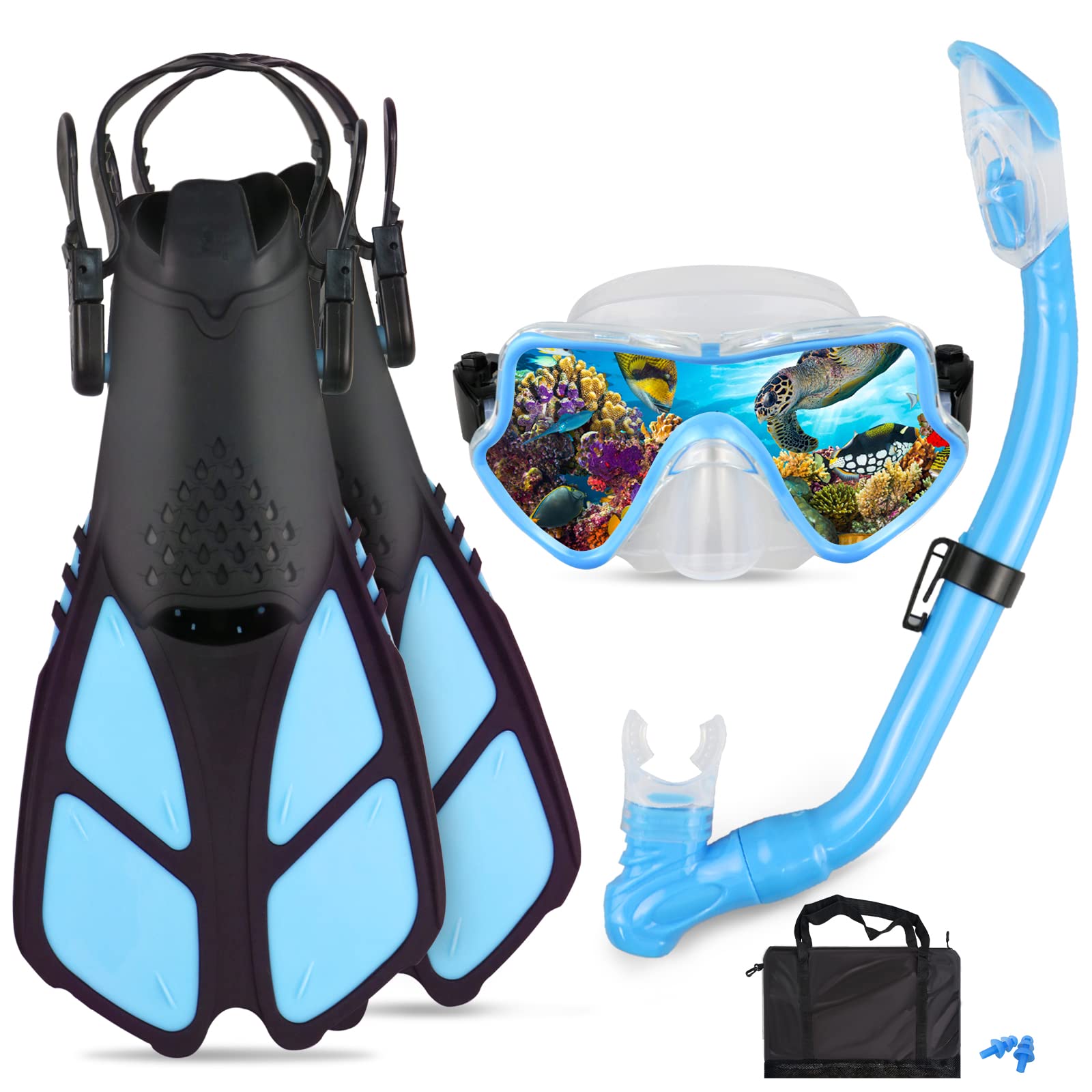 AosDero Kids Snorkeling Set Adjustable Swimming Flippers+Panoramic Snorkel Mask+ Dry Snorkel Tube+ Travel Bags Suitable Snorkeli