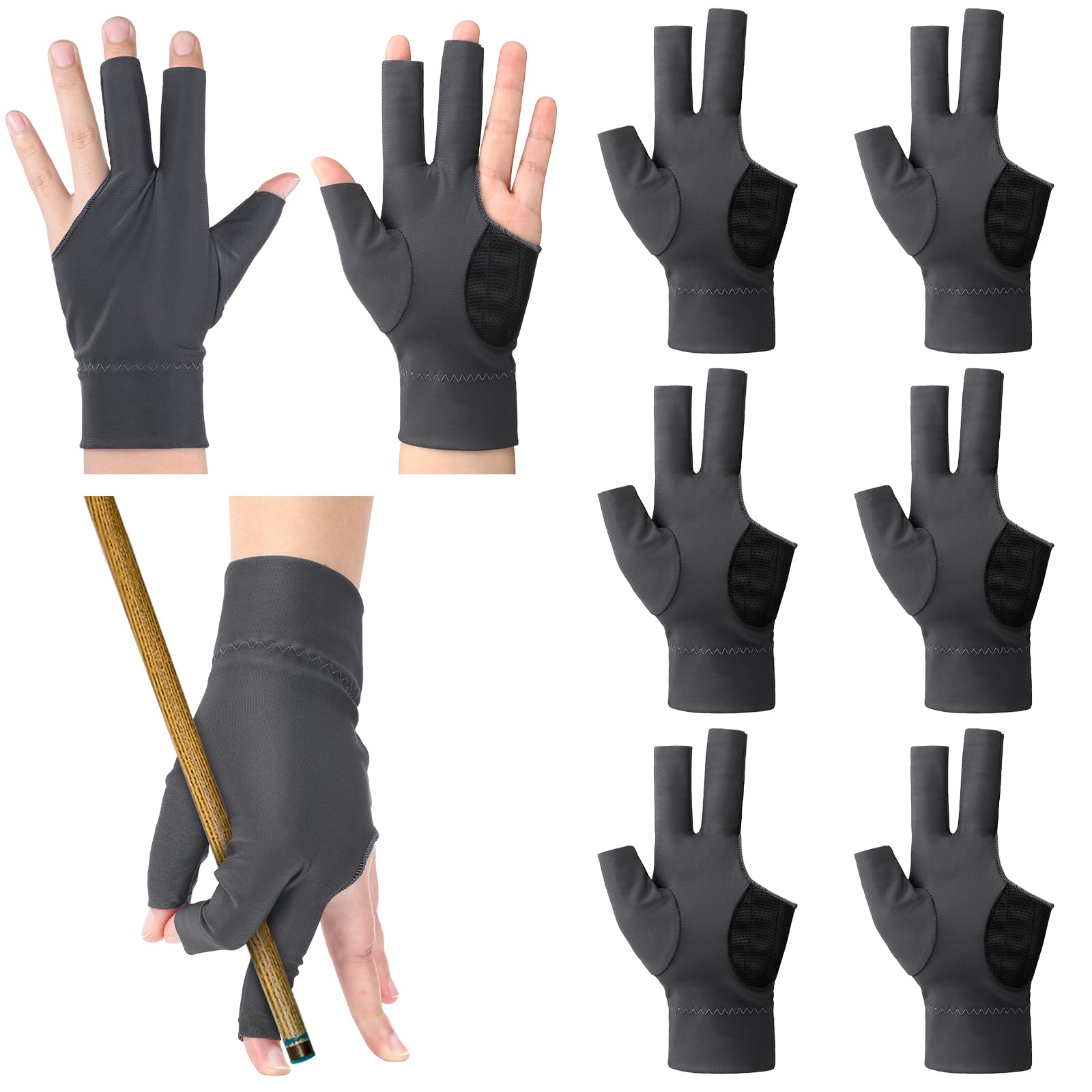 Civaner 8 Pcs Billiard Pool Gloves Left Hand 3-Finger for Men & Women with Anti-Slip Liner Smooth Cue Stroke, Snooker & Carom Sp