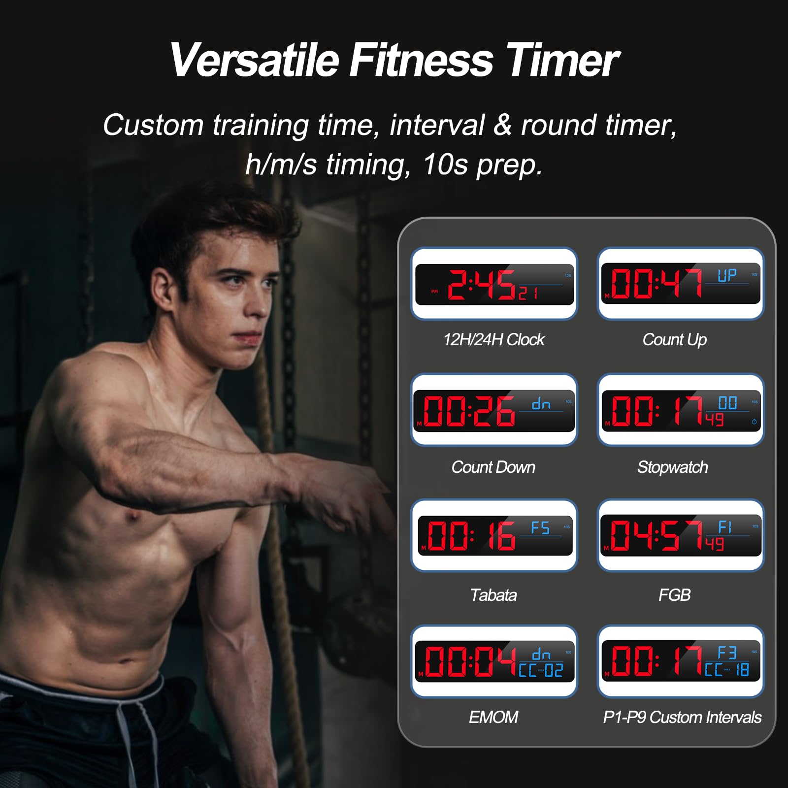 Anjank 15 Large Gym Timer, Led Digital Wall Clock With Seconds, Timing For Workout, Interval & Rounds, Countdown/Up/Stopwatch/12