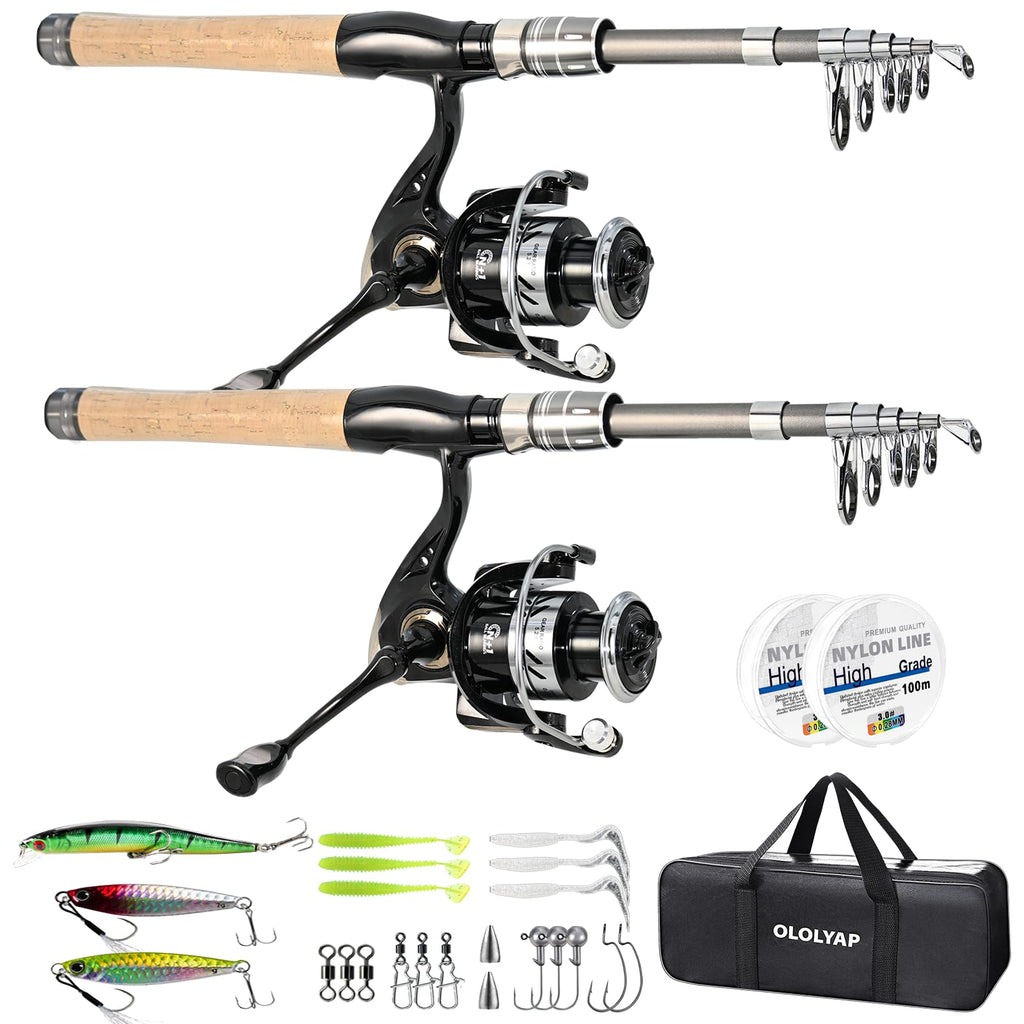 Ololyap Fishing Pole Combo 2Pcs Carbon Fiber Fishing Rod And Aluminum Reel Combos With Carrier Bag Sea Saltwater Freshwater Fish