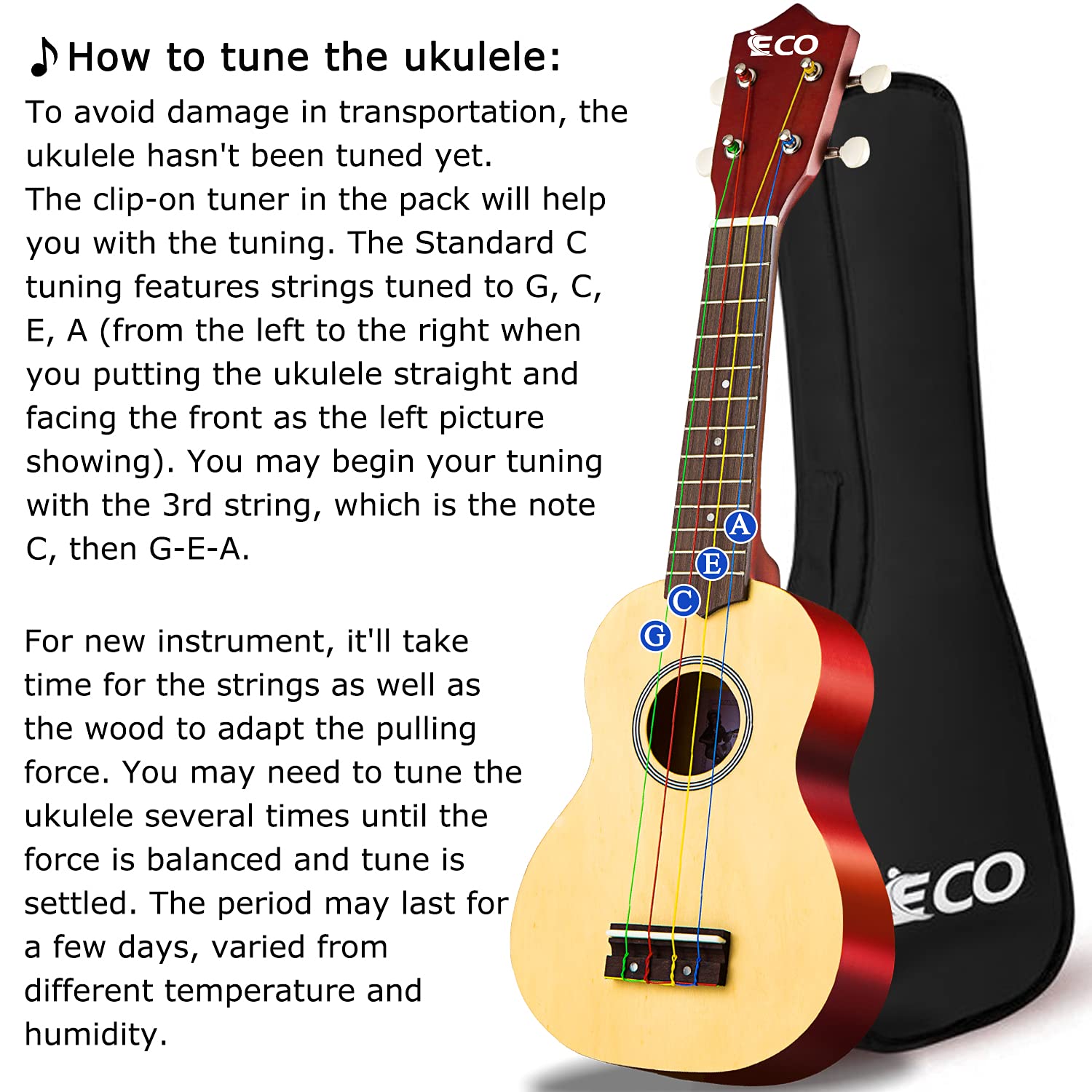 Ieco Soprano Ukulele Beginner Kit For Kids Adults 21 Inch Ukelele Wcase Strap Tuner Strings Picks (Natural)