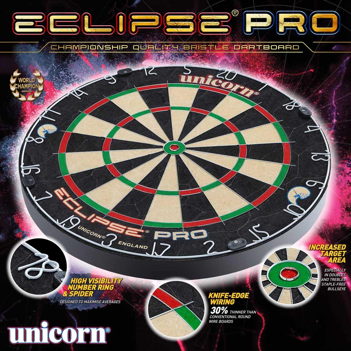 Unicorn Eclipse Pro Dart Board With Ultra Slim Segmentation - 30% Thinner Than Conventional Boards - For Increased Scoring And R