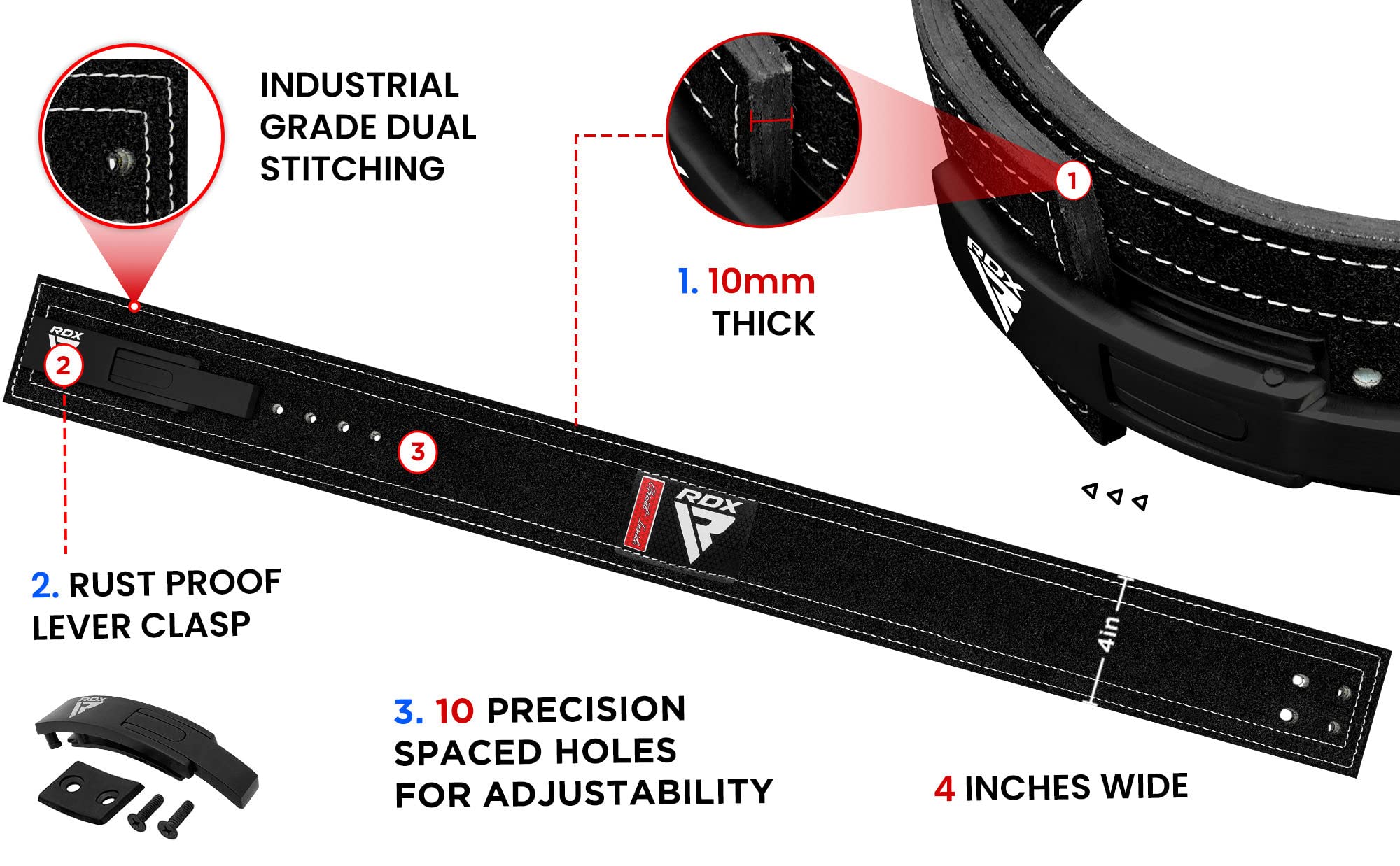 Rdx Weight Lifting Belt Powerlifting, Approved By Ipl And Uspa, 10Mm Thick 4 Leather Lumbar Back Support, Lever Buckle Equipment
