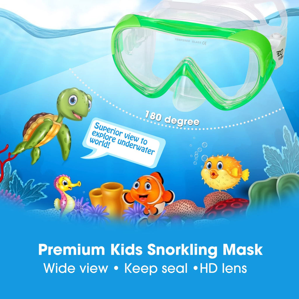 Kids Snorkel Swim Mask, Child Diving Mask Anti-Fog Swim Goggles With Nose Cover For Snorkeling Diving Swimming (Green)