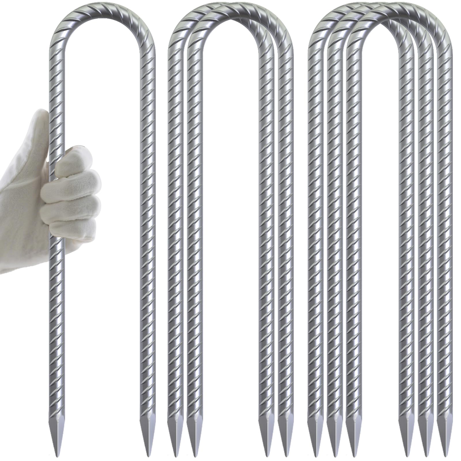Aagut 12 Inch Trampoline Stakes 6 Pack U Shaped Rebar Ground Anchors Heavy Duty High Winds Galvanized Steel Trampolines Accessor