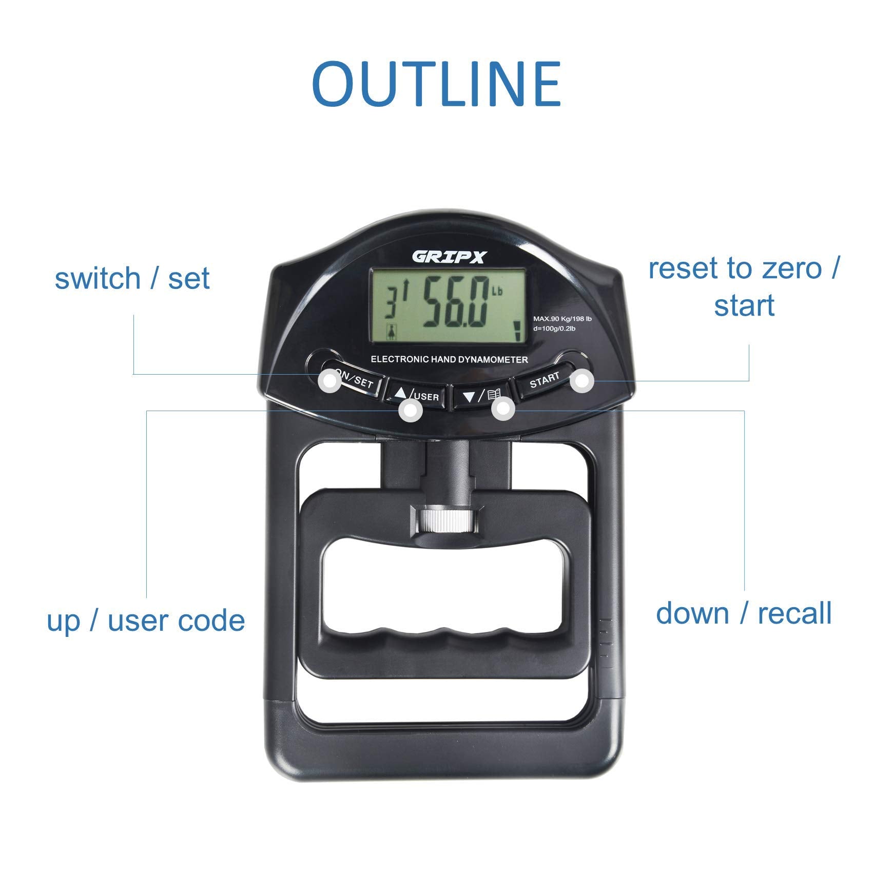 Gripx Digital Hand Dynamometer Grip Strength Measurement Meter Auto Capturing Electronic Hand Grip Power 198Lbs / 90Kgs, Black