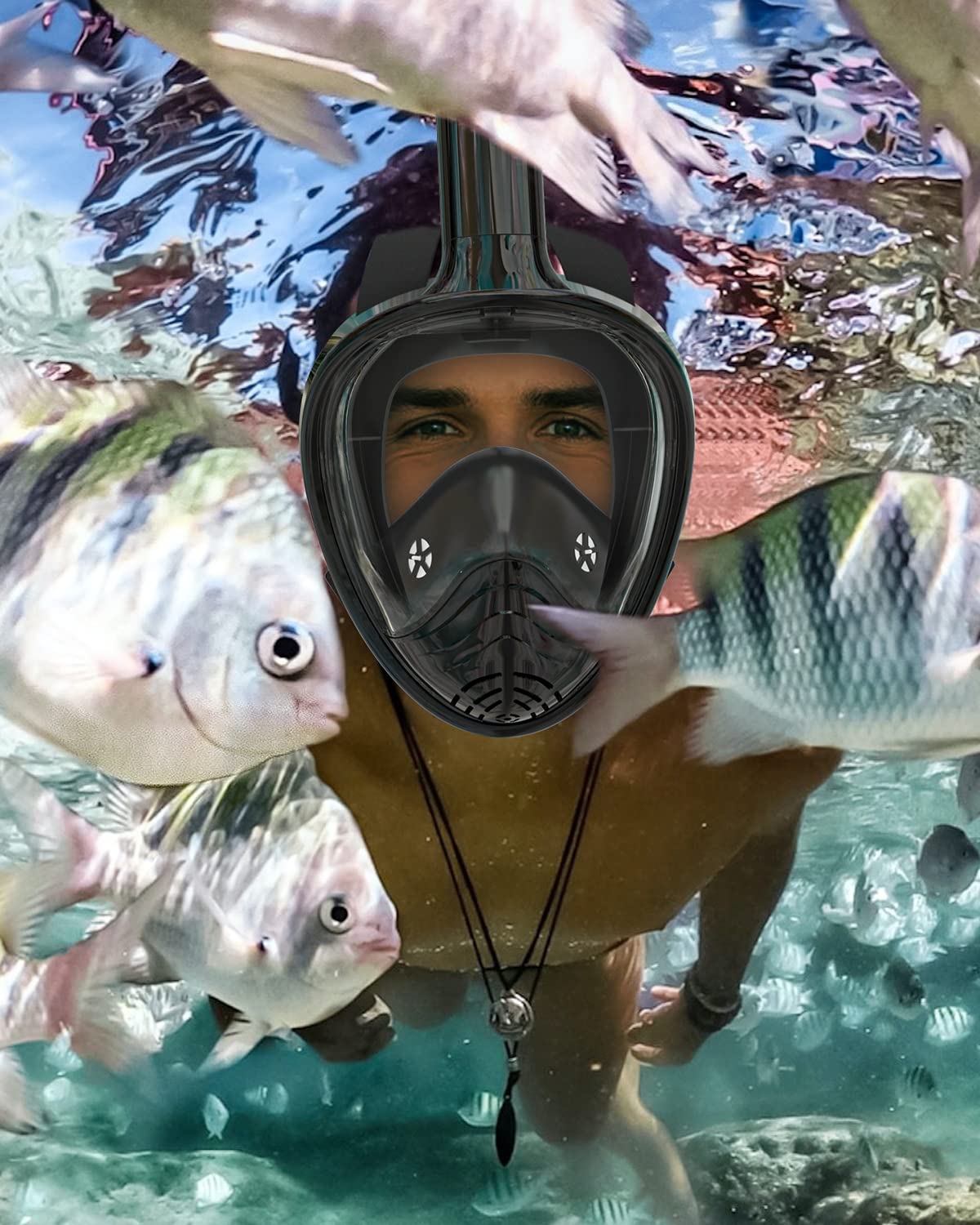 QingSong Full Face Snorkel Mask for Adults, Snorkeling Gear with Camera Mount, 180 Degree Panoramic View Snorkel Set Anti-Fog An