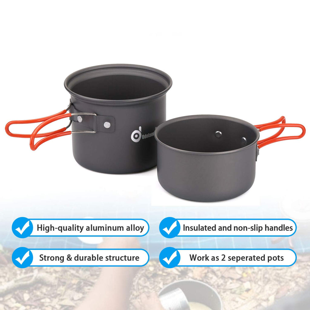 Odoland 6Pcs Camping Cookware Mess Kit With Lightweight Pot, Stove, Spork And Carry Mesh Bag, Great For Backpacking Outdoor Camp
