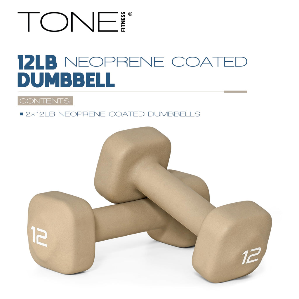 Tone Fitness 12 lb Neoprene Dumbbell Pair for Home Workouts - Non-Slip Design - Beige