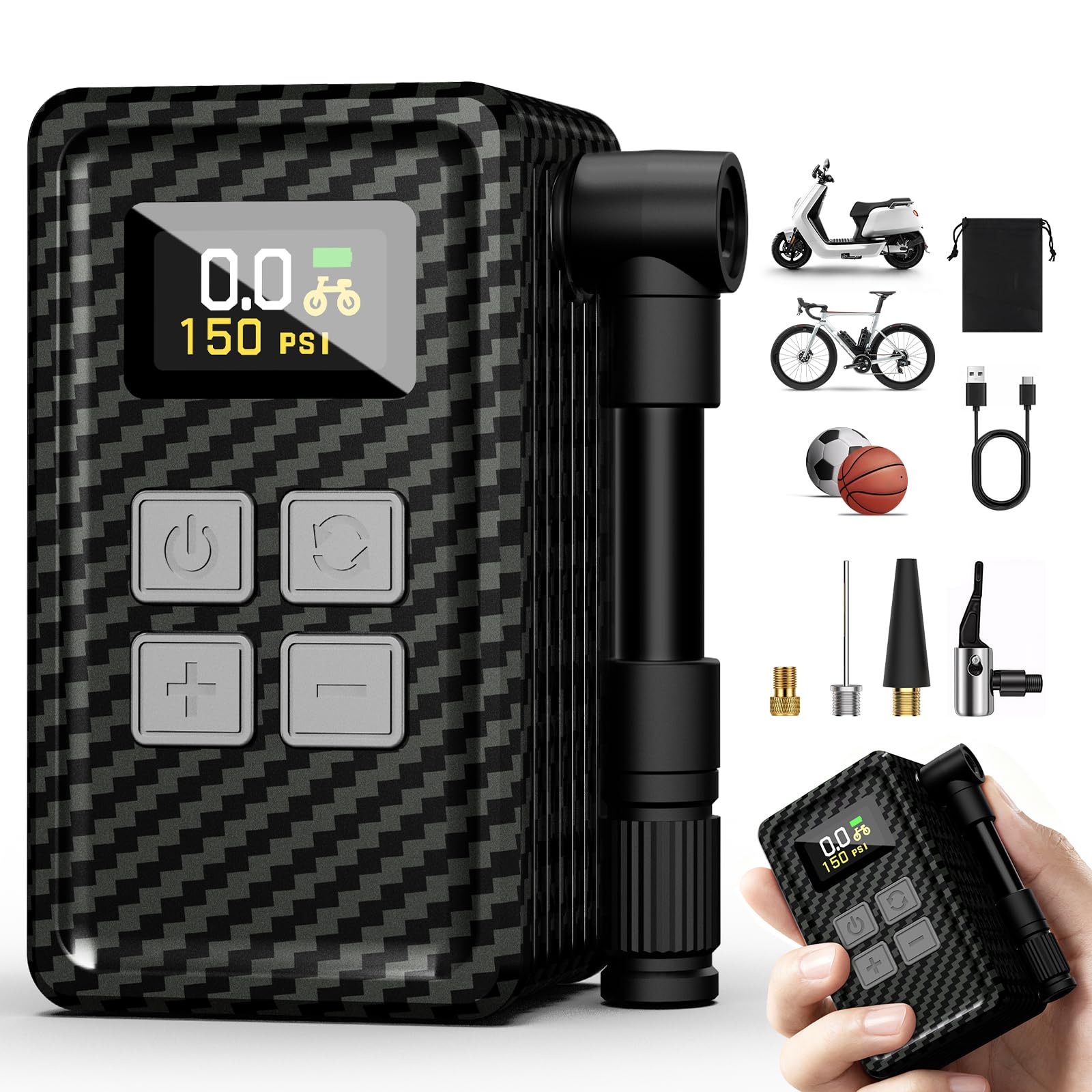 SKYJDM Mini Bike Pump 150PSI with Gauge, Fast Inflation Electric Air Pump, Portable Tire Inflator for Presta & Schrader Valve - 