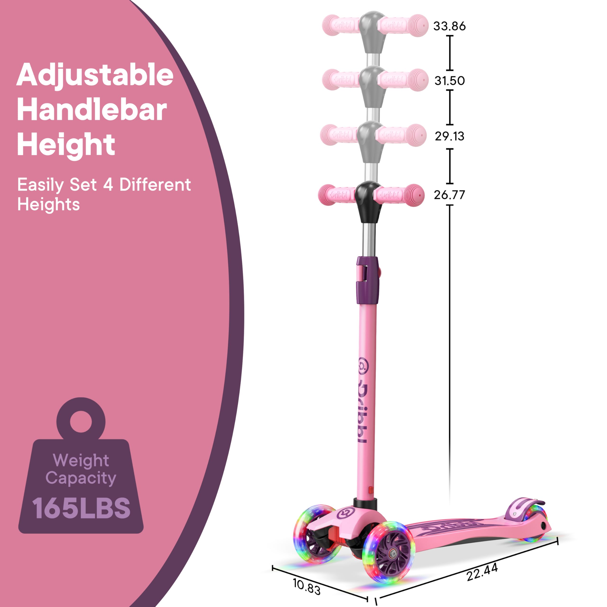 Dribbl 3-Wheel Kids Scooter - Lean-to-Steer Technology, Adjustable Height Handlebar, Wide Deck, Scooter for Boys & Girls Ages 3+