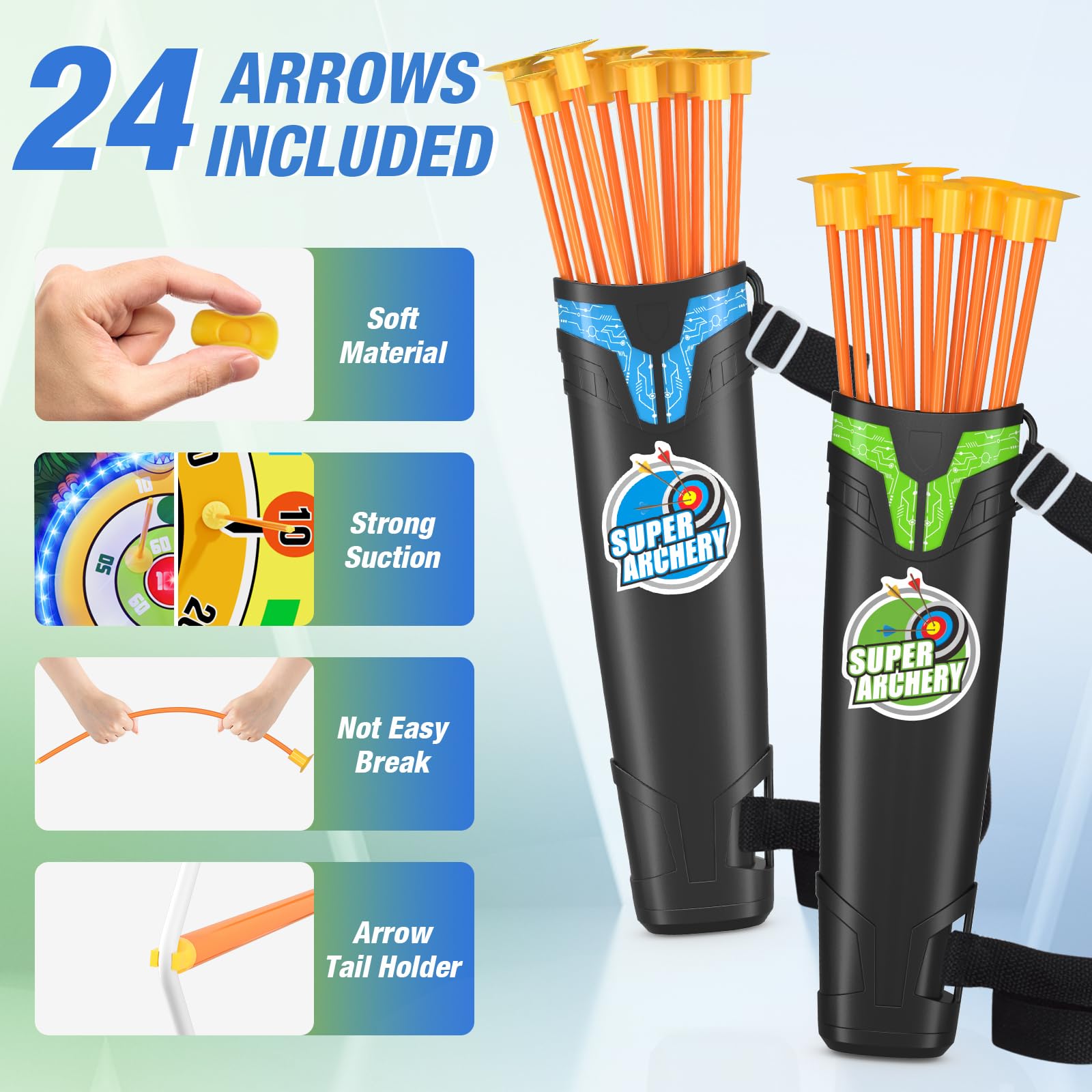 HYES 2 Pack Kids Bow and Arrow with 29 Large Dart Board, LED Light Up Archery Set with 24 Suction Cup Arrows, Indoor Outdoor Spo