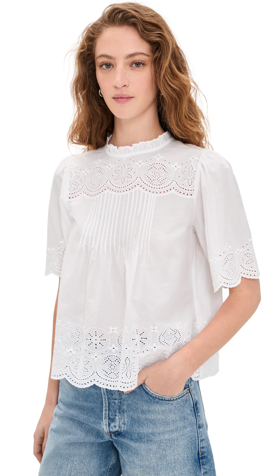 Madewell Womens Embroidered Pintuck High-Neck Top, White, XS