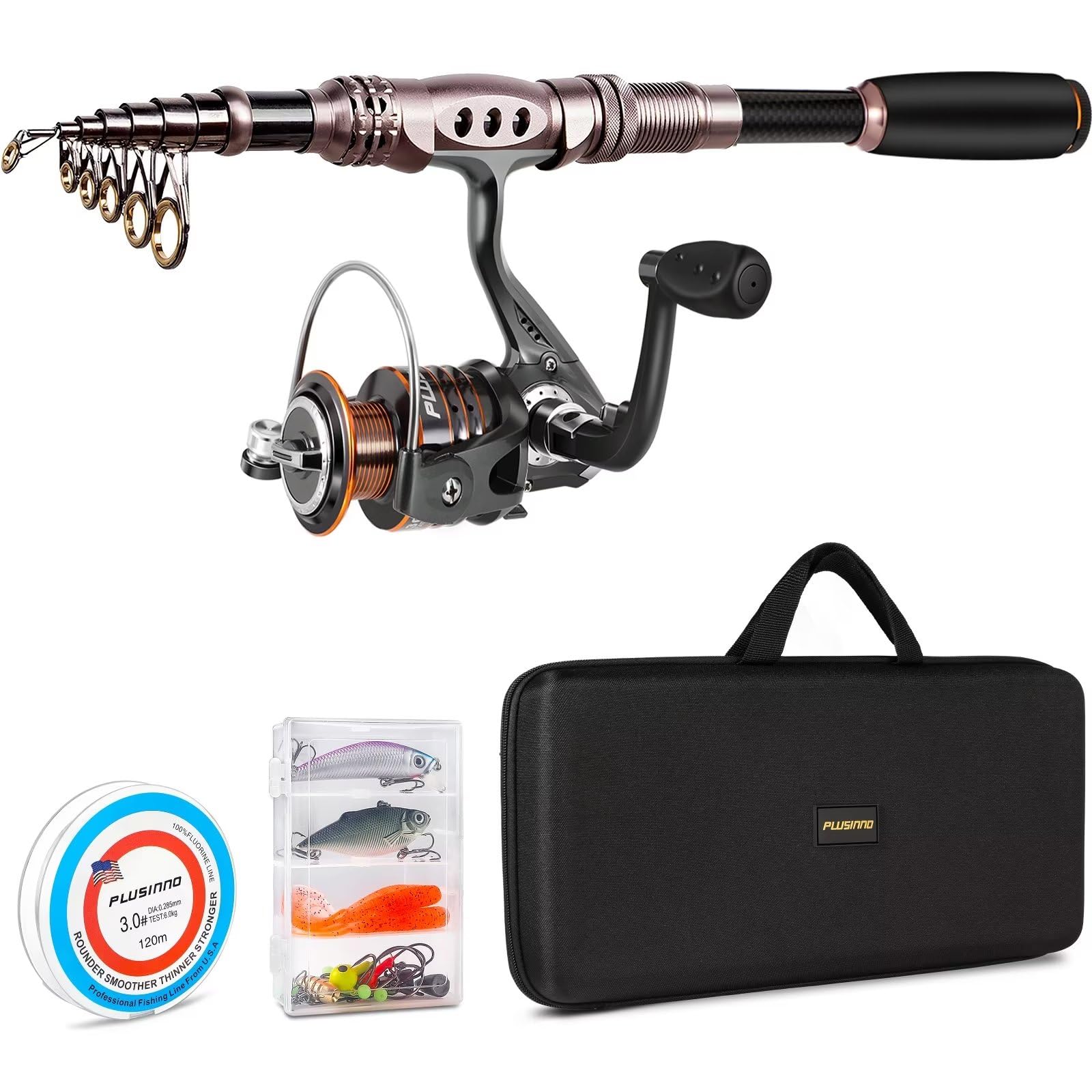 PLUSINNO Spinning Rod and Reel Combos Telescopic Fishing Rod Pole with Reel Line Lures Hooks Fishing Carrier Bag Case and Access