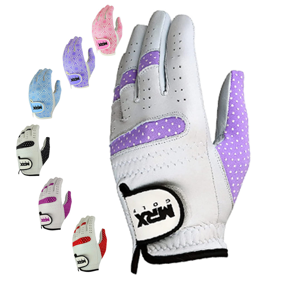 Mrx Women Golf Glove Left Handed Golf Gloves Sweat Resistant Soft Cabretta Leather Regular Fit Women Golfer Glove White Purple
