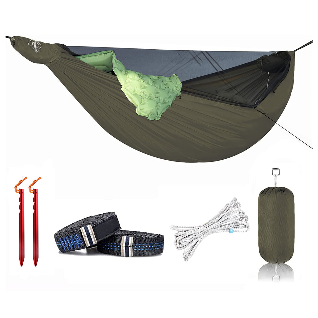 Onewind 11Ft Zipper Hammock With Mosquito Net For Camping, Portable Double-Layer Northers Hammock With Adjustable Ridgeline For