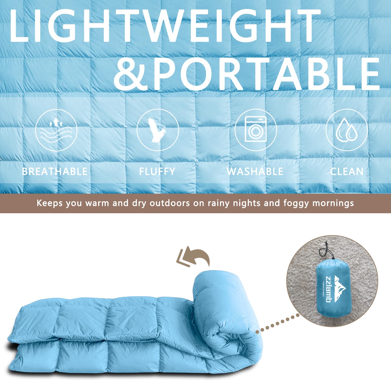 Zzlamb Water-Repellent Camping Blanket For Kids, Outdoor Portable Travel Down Throw Blanket, Lightweight Duck Down Lap Quilt For