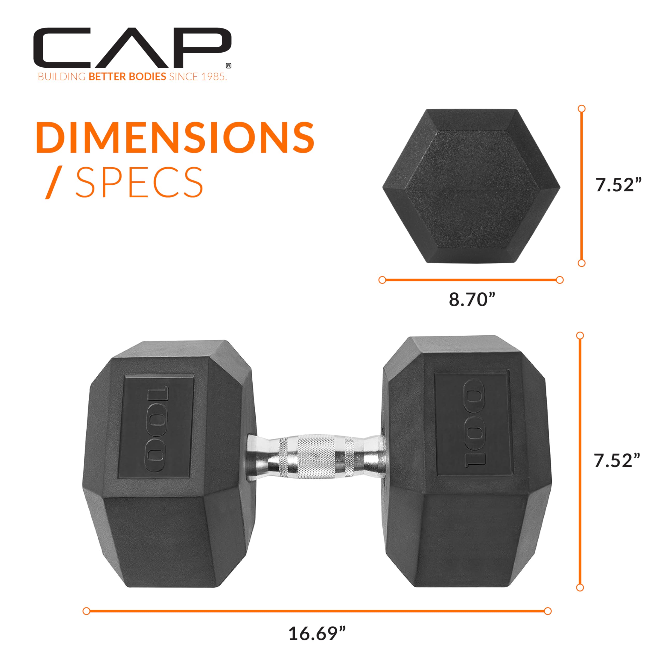 Cap Barbell Cap 100 Lb Coated Hex Dumbbell Weight, New Edition, Black, (Sdris-100)