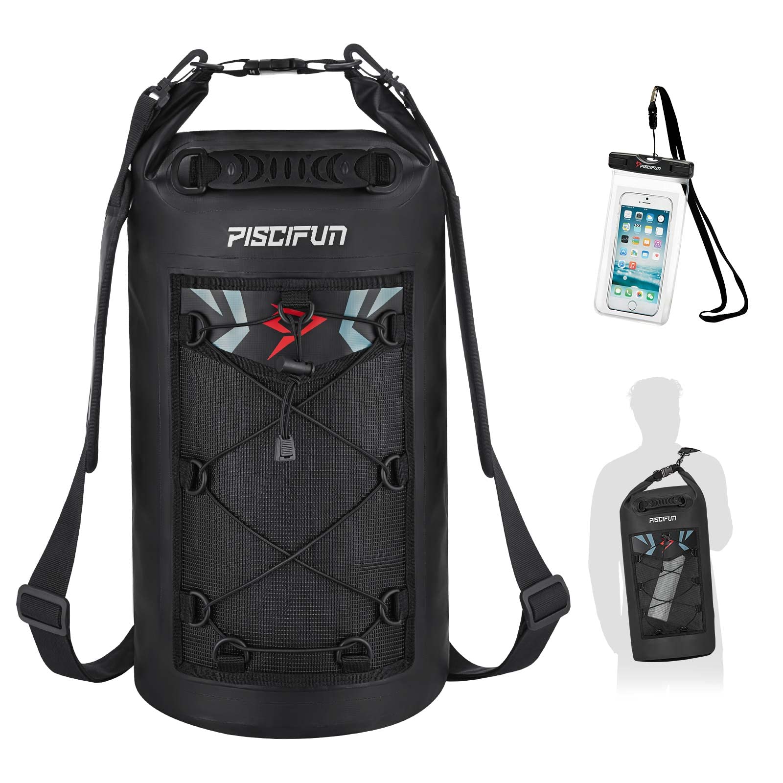 Piscifun Dry Bag, Waterproof Floating Backpack 40L with Waterproof Phone Case for Boating, Kayaking, Fishing, Black 40L