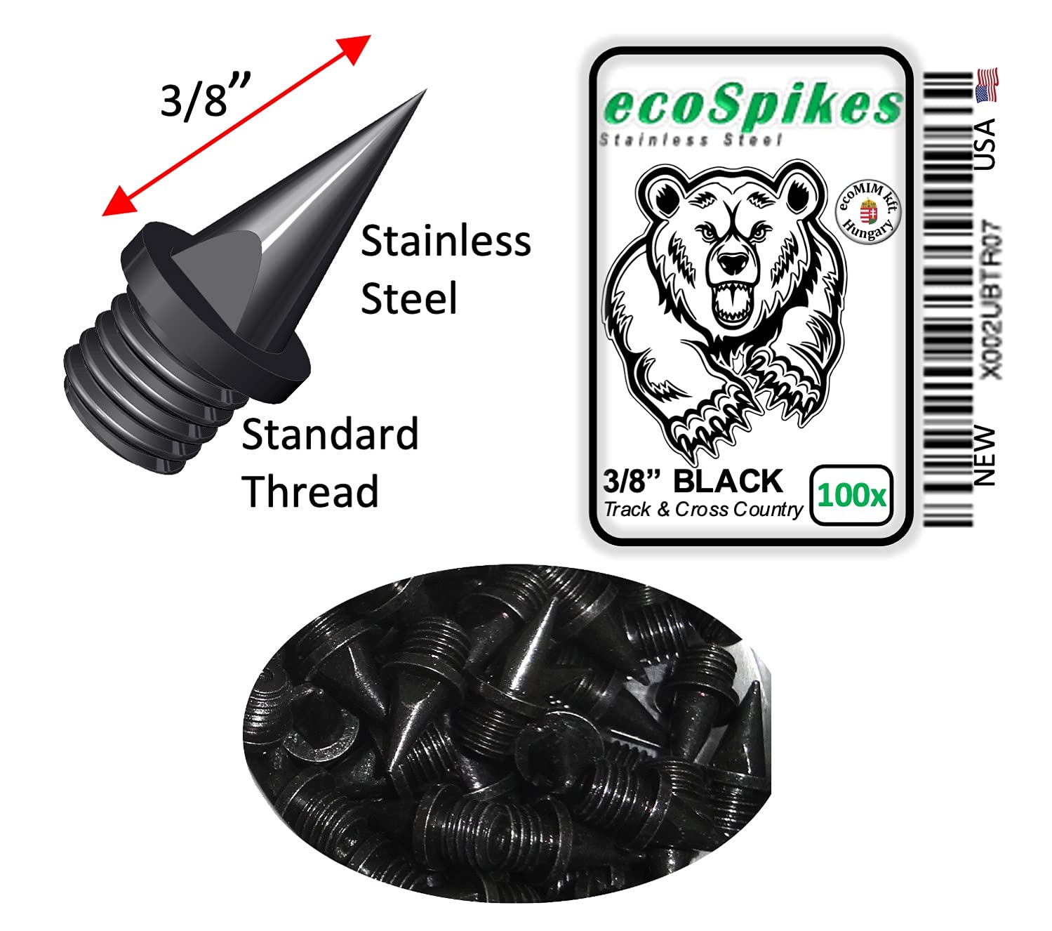 Ecospikes Stainless Steel Track And Cross Country Spikes (3/8'' Black, 100X)