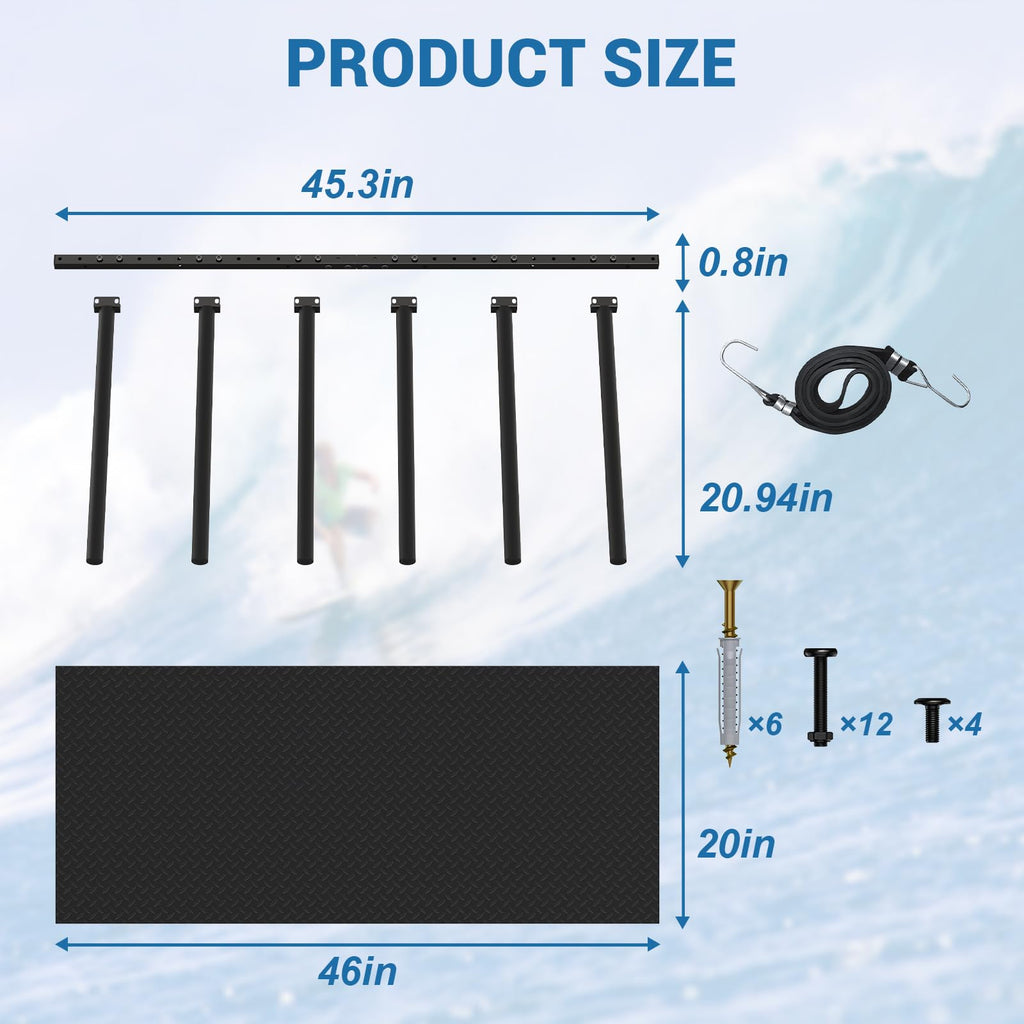 Lxvooee Vertical Surfboard Rack For Wall, Surfboard Wall Mount With Bungee Cord And Rubber Mat, Metal Garage Surfboard Stand Wal