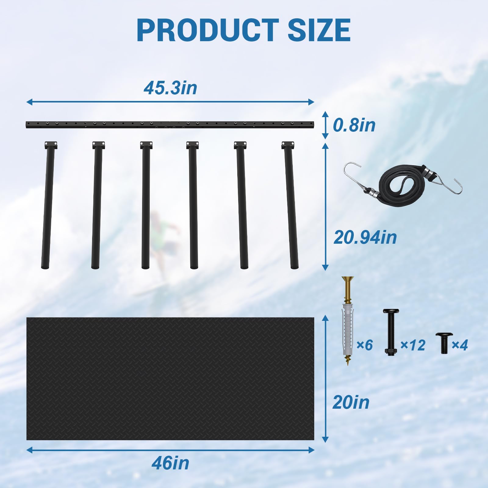 Lxvooee Vertical Surfboard Rack For Wall, Surfboard Wall Mount With Bungee Cord And Rubber Mat, Metal Garage Surfboard Stand Wal