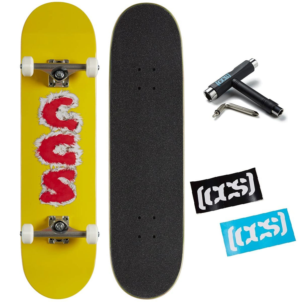 [Ccs] Furry Letters Skateboard Complete Yellow 7.50'' - Maple Wood - Professional Grade - Fully Assembled With Skate Tool And St