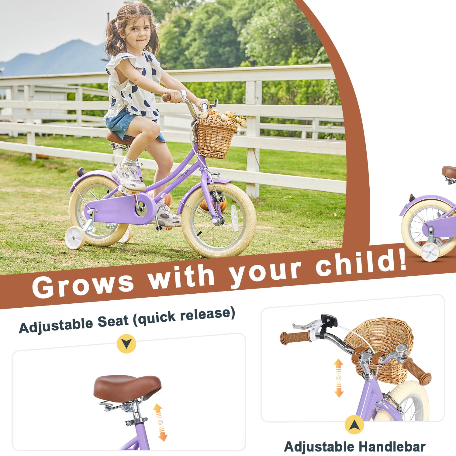 Glerc Little Molly 12 Inch Kids Bike, Retro Cruiser Girls Bicycle for Children Ages 2-4 Years Old, Toddler Bike with Wicker Bask