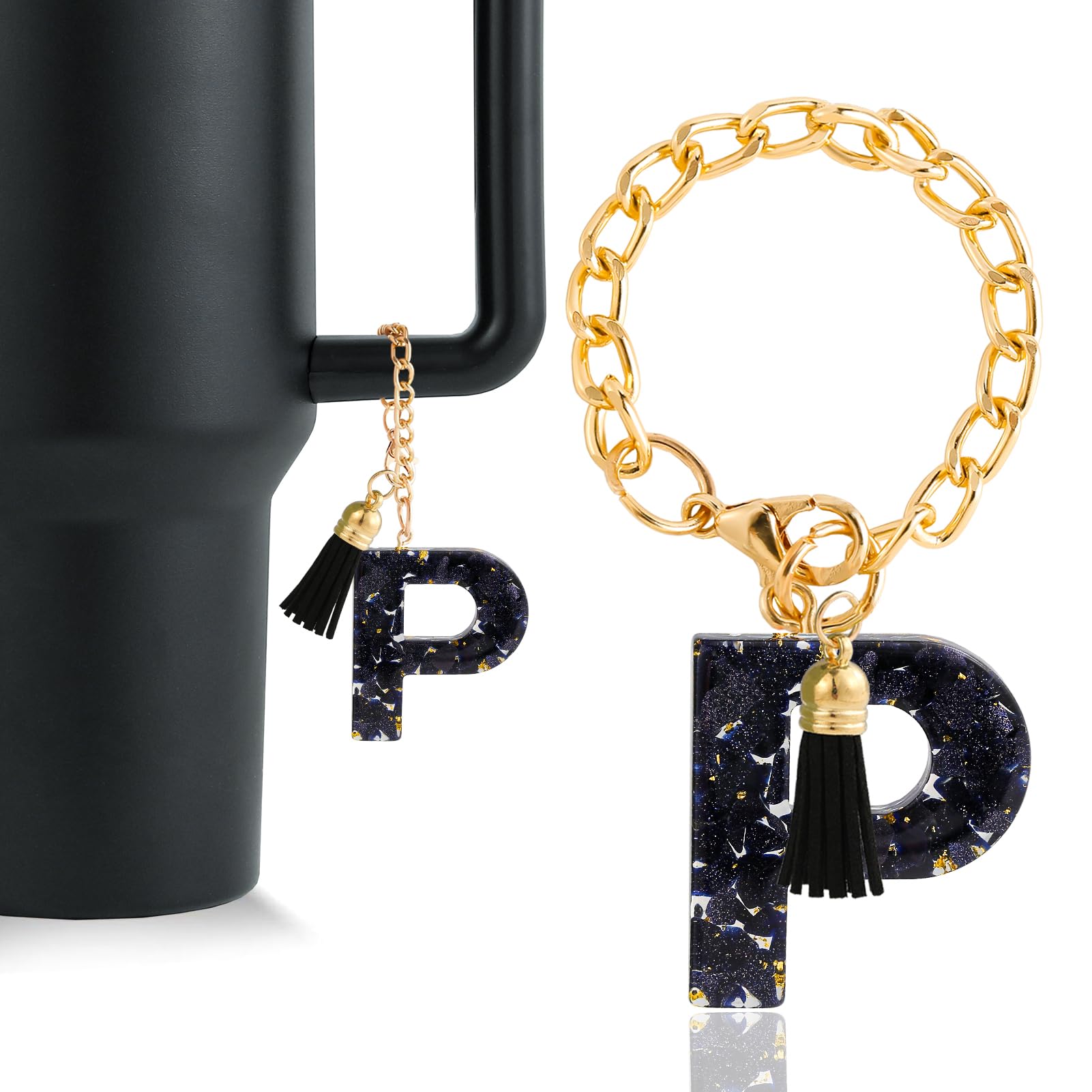 Letter Charm Accessories for Stanley Cup 1 PCS Cute Initial Keychain Handle Charm for Stanley Tumbler for Women Black Letter P