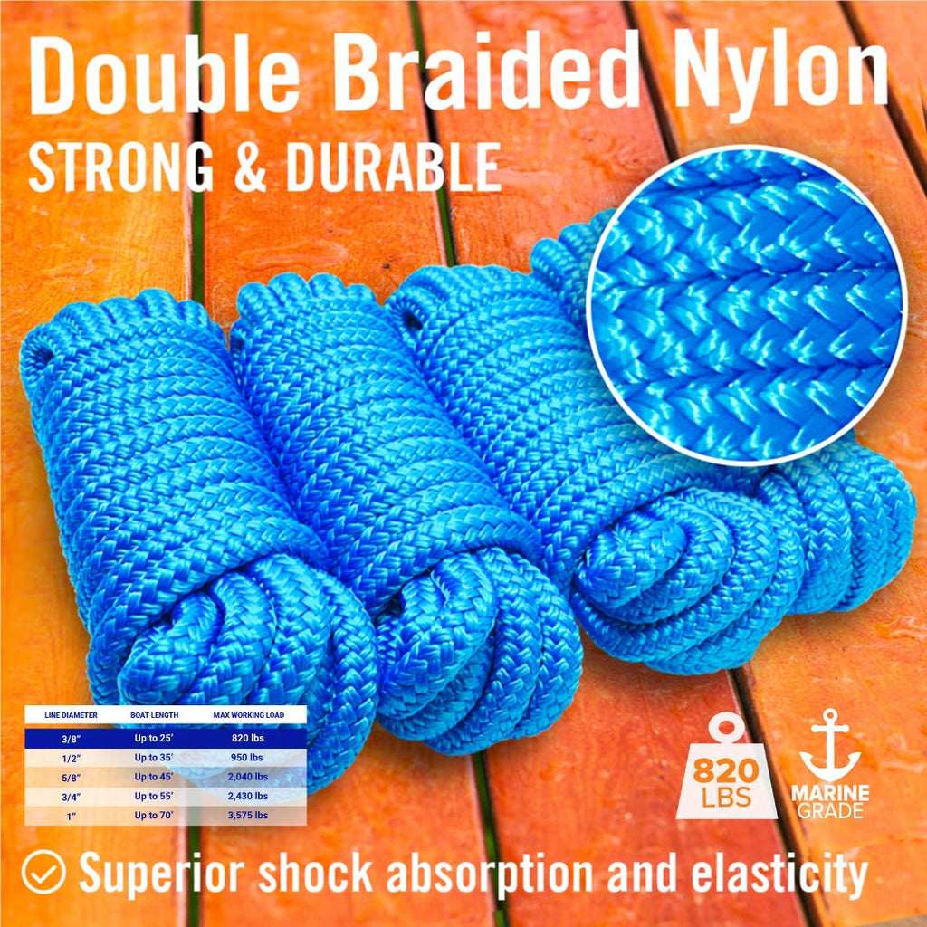 Dock Lines Boat Ropes For Docking 3/8'' Line Double Braided Mooring Marine Rope 15Ft Nylon Rope Boat Dock Line For Docking Ropes