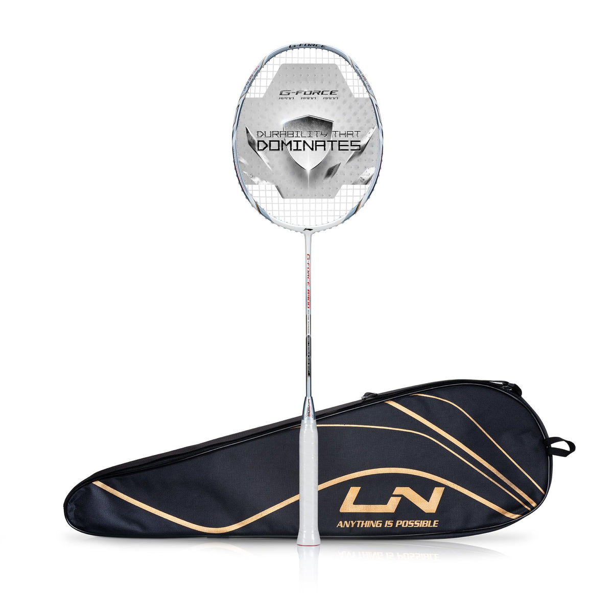LiNing Carbon Fibre GForce 8900 Extra Strong Strung Badminton Racket With Full Cover | 3U | Maximum Tension ? 35 Lbs (White/Si