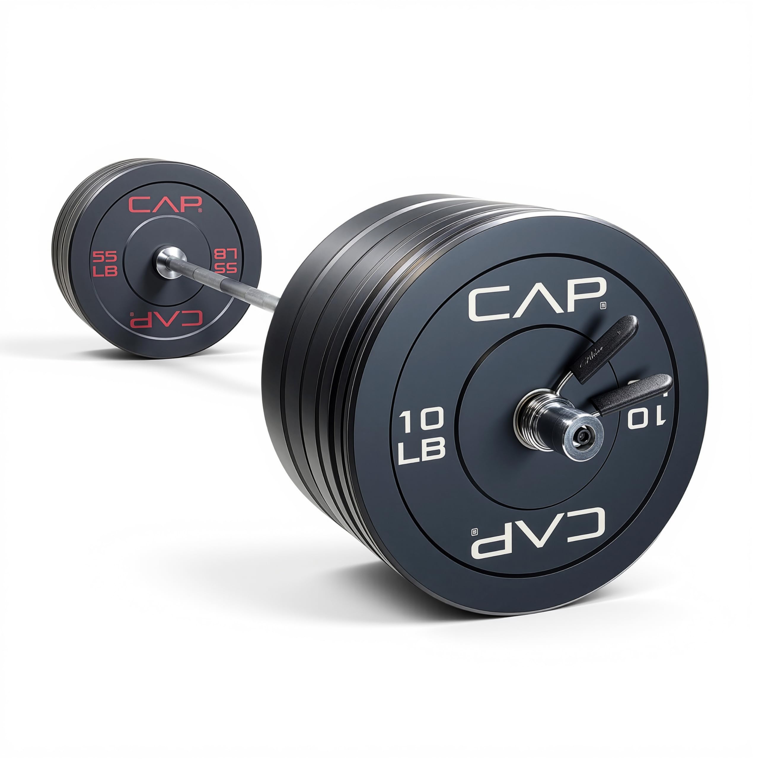 CAP Barbell 370 lb Economy Olympic Weight Set with 7ft Chrome Barbell & Black Bumper Plates with Color Logo