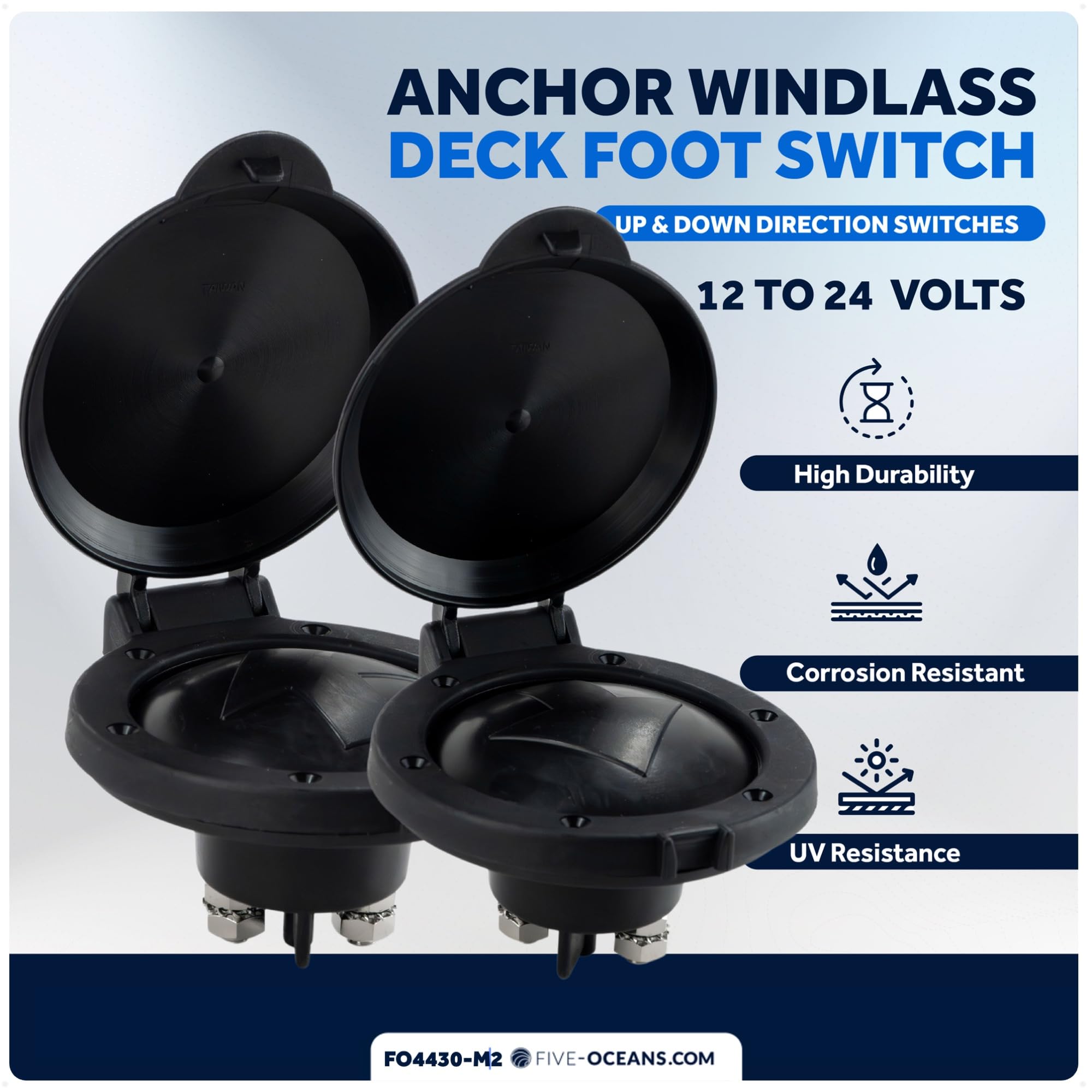 Five Oceans Anchor Windlass Up/Down Deck Foot Switch, Heavy Duty Uv-Stabilized Black Plastic Hinged Cover, 12-Volts, 4-Inch Diam