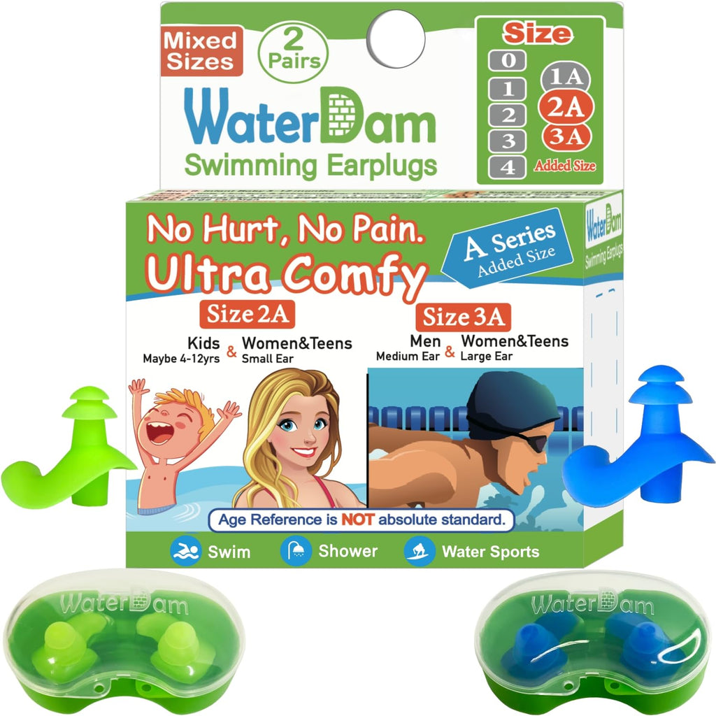 Waterdam A-Series Swimming Ear Plugs Ultra Comfy Great Waterproof Earplugs (Mixed Sizes, Size 2A+3A: Medium-Large Ear Women&Teen