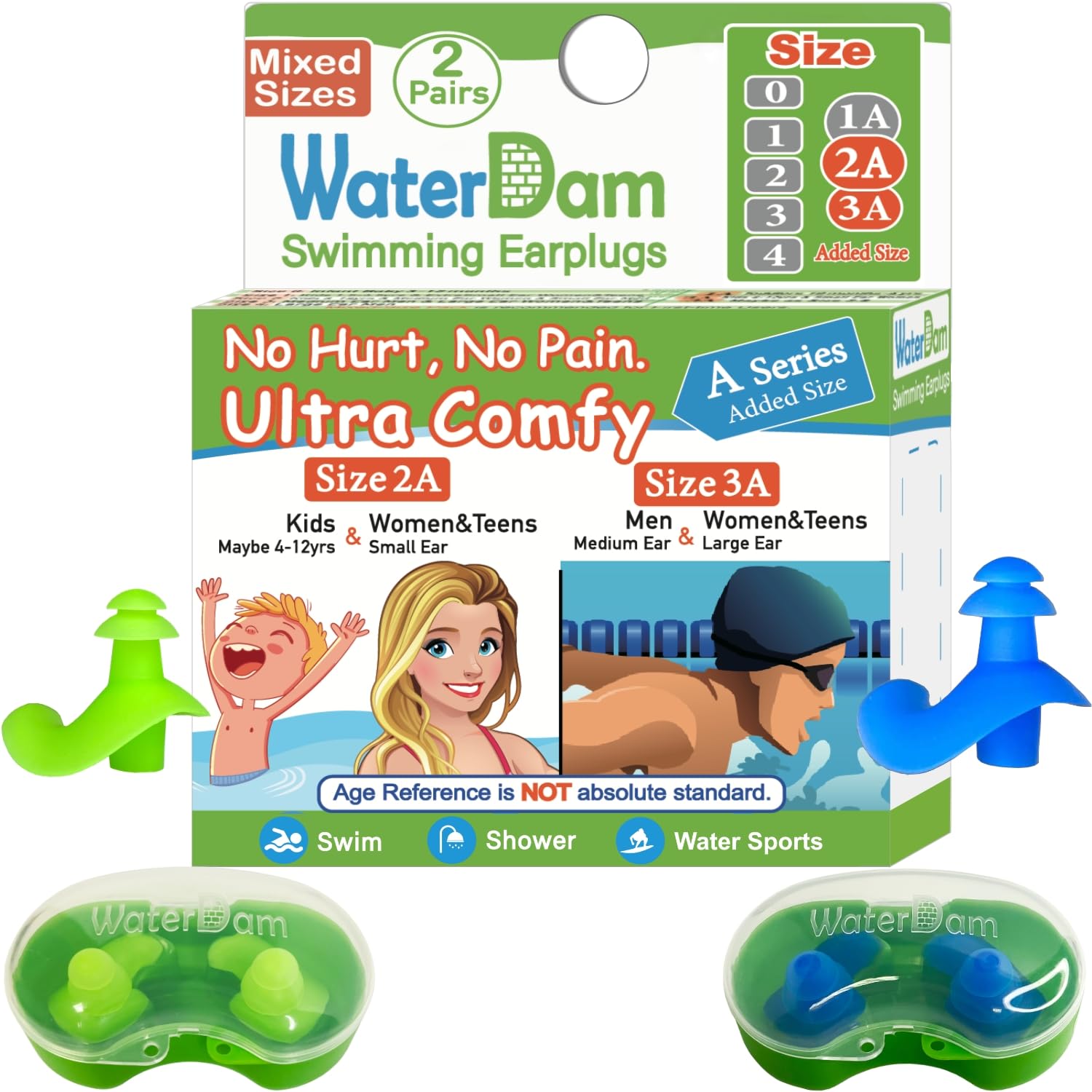 Waterdam A-Series Swimming Ear Plugs Ultra Comfy Great Waterproof Earplugs (Mixed Sizes, Size 2A+3A: Medium-Large Ear Women&Teen