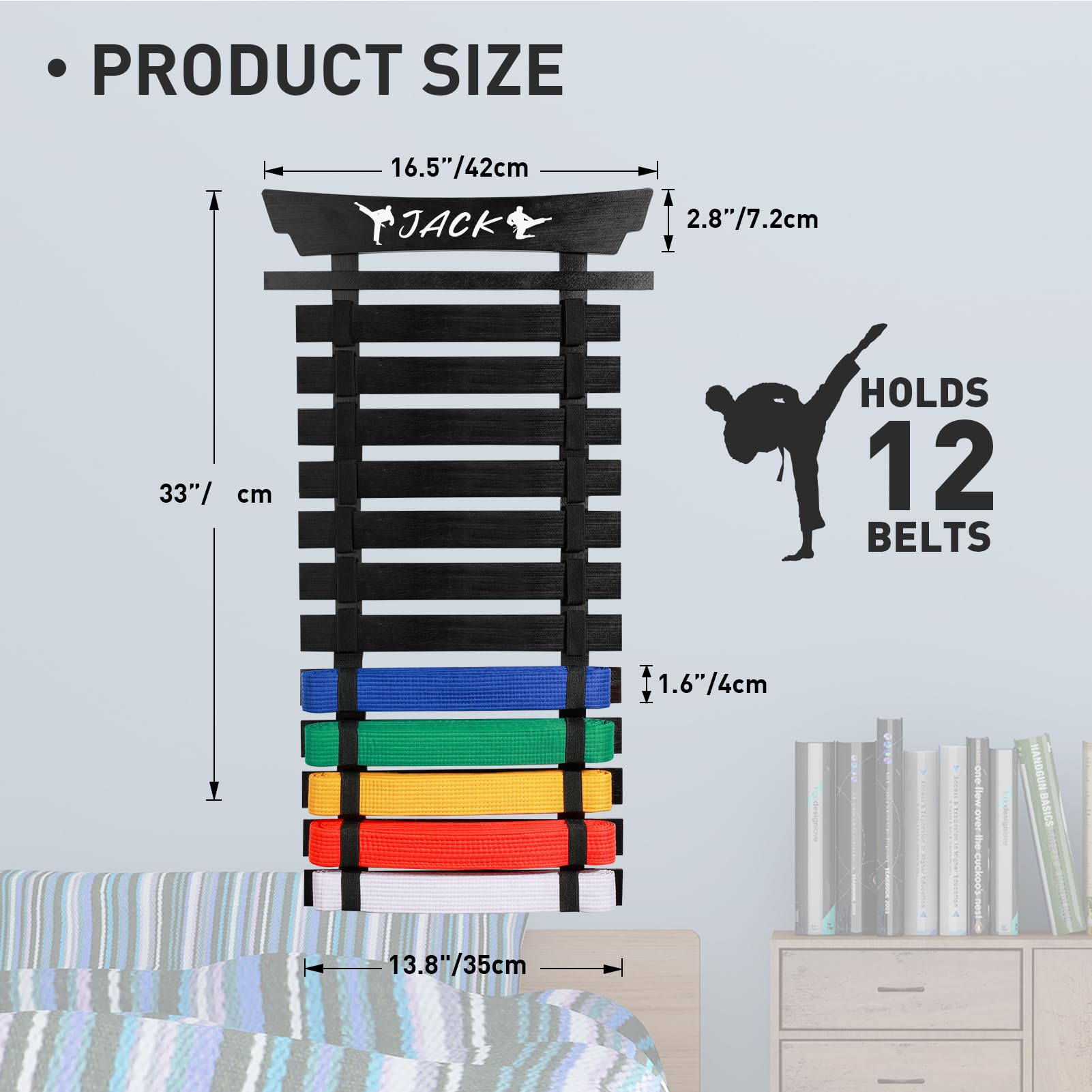 Winartton 12 Belts Karate Belt Display Rack With Stickers, Martial Arts Belt Display Holder, Taekwondo Belt Jiu Jitsu Belt Bjj B