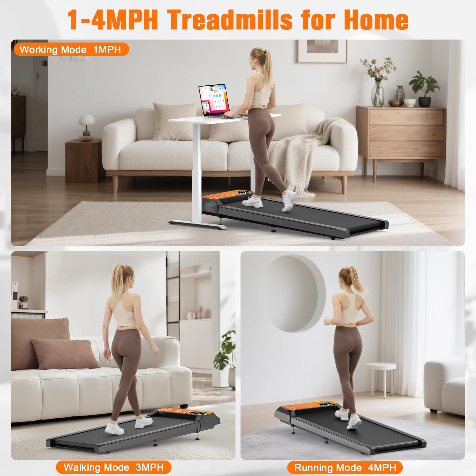 HOELLL Walking Treadmill Pad with 5% Adjustable Incline and APP Sync, Small Compact Under Desk Treadmills for Home and Office wi