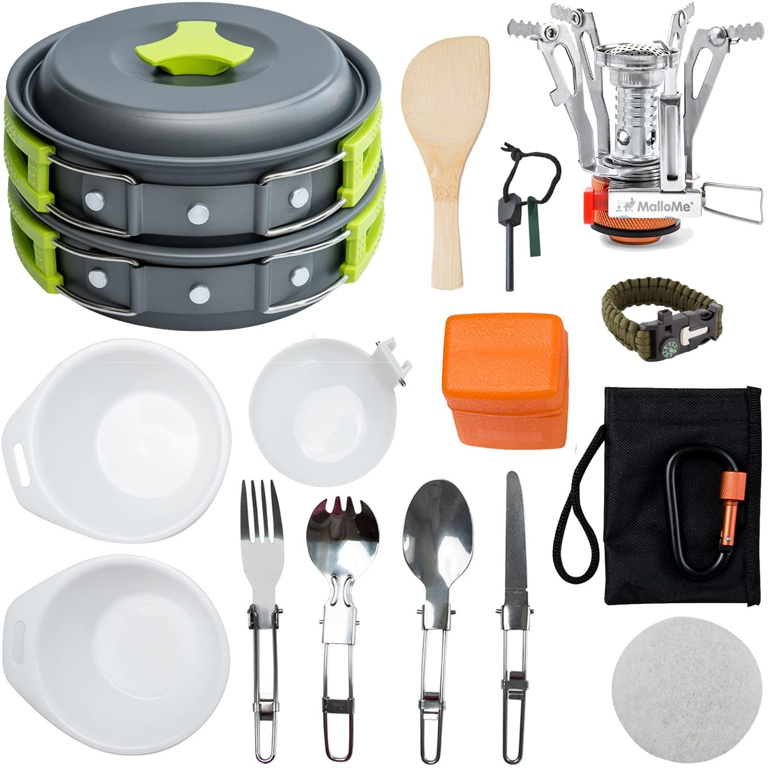 Mallome Camping Cookware 18Pc Mess Kit W/Backpacking Stove - Camping Cooking Set For Backpacking Gear - Camping Pots And Pans Se