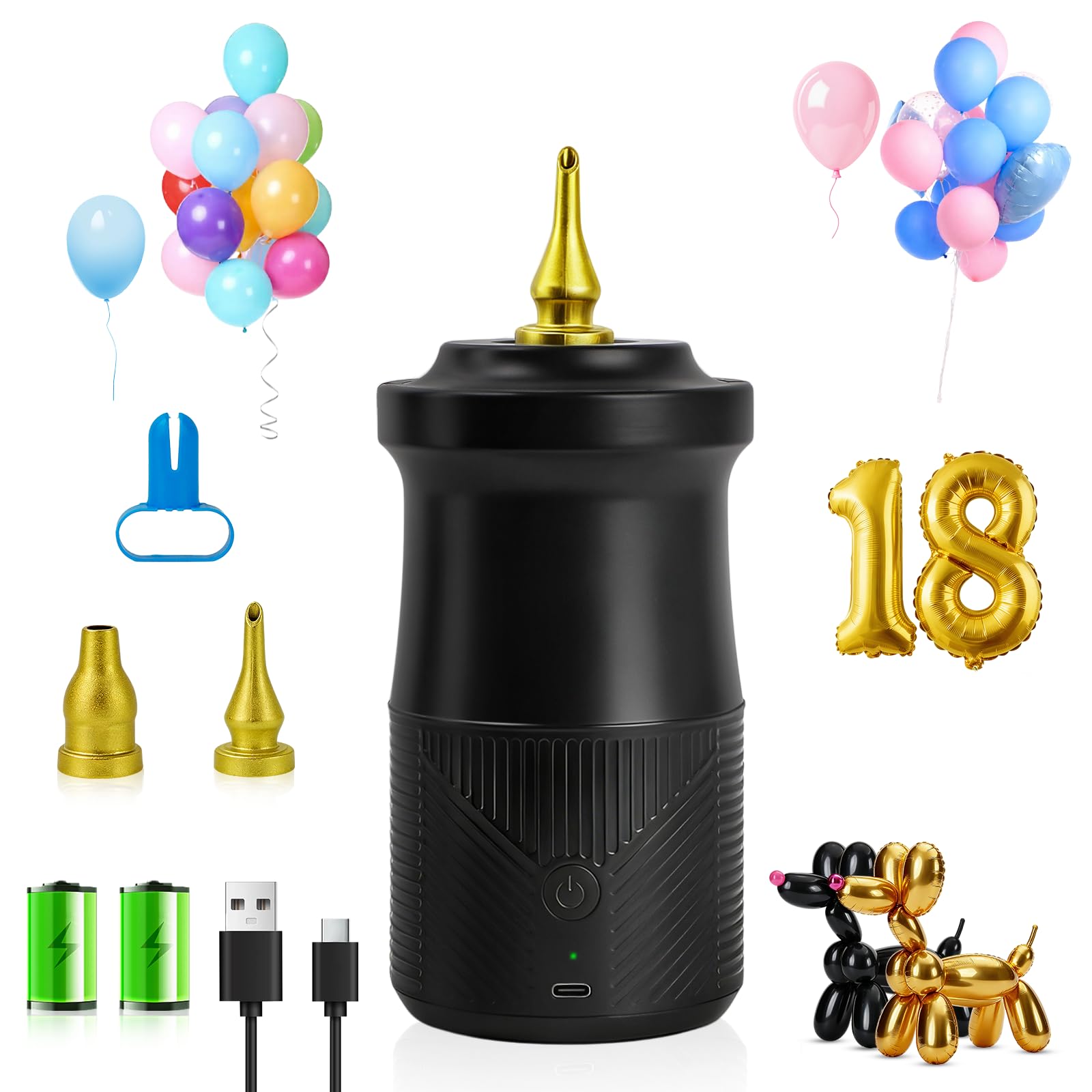Balloon Pump Electric Rechargeable Cordless Balloon Inflator with Battery & 2000mAh Type-C, Portable Air Blower for 260Q 160 Lon