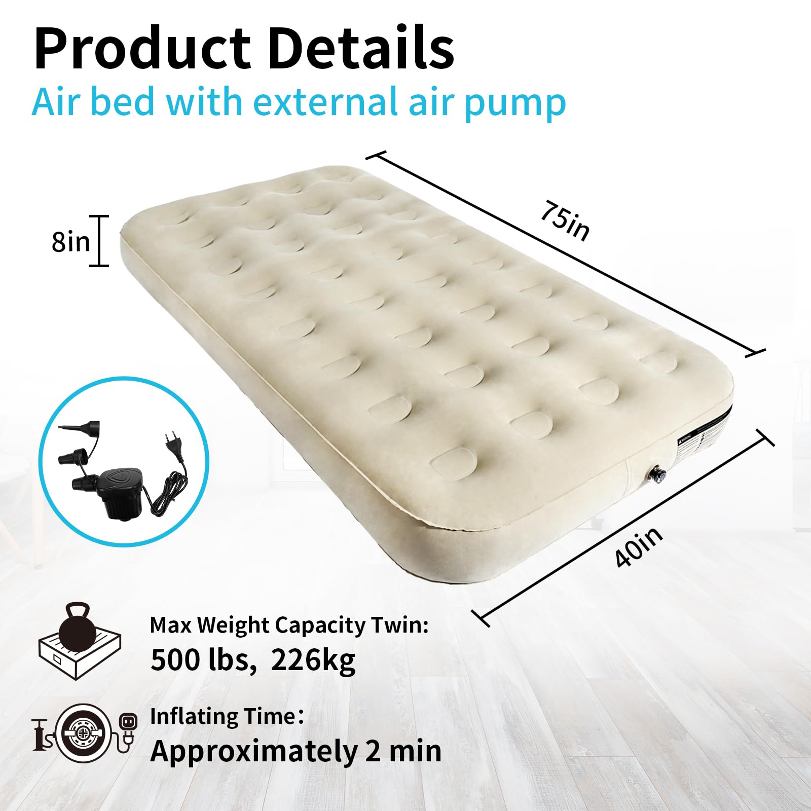 Miyuexin Twin Air Mattress With Fast Inflating Pump, Blow Up Mattress Of Wave Flocked Top, Durable Air Bed For Home, Camping & G