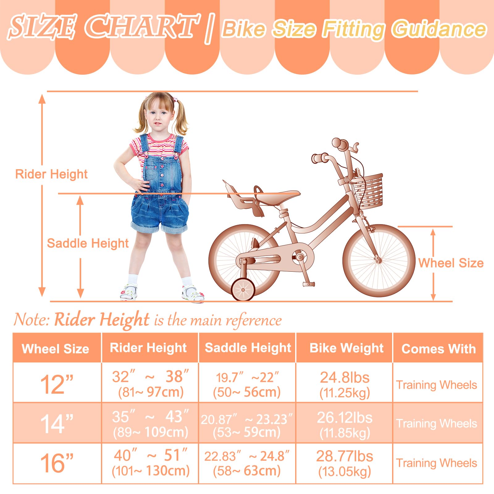 Glaf Kids Bike For Girls Boys Ages 3-9 Years, 12 14 16 Inch Girls Bike With Doll Bike Seat, Kids Bicycle With Training Wheels An